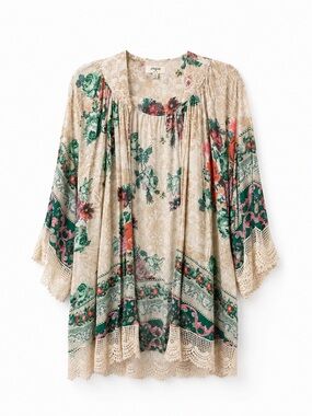 Umgee Beige Floral Crochet-Trim Boho Kimono with Green and Pink Accents Size S/M